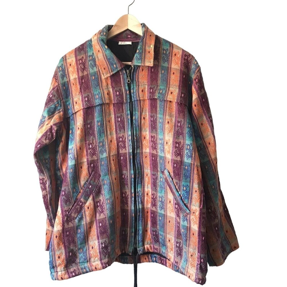 Handmade Nepal Jacket L Zip Cotton Shacket Multicolor‎ Stripe Pockets Drawstring